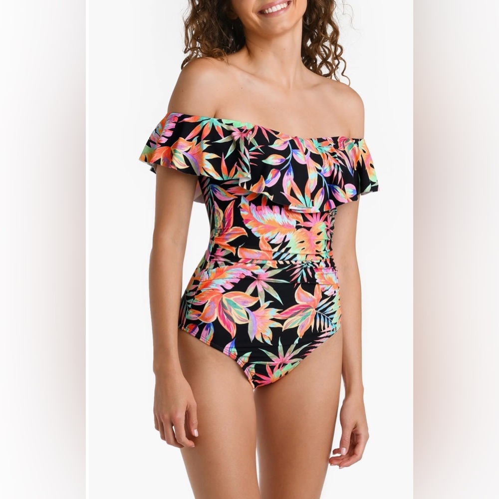 La Blanca Tropical Floral Off-Shoulder One-Piece Swimsuit R13B